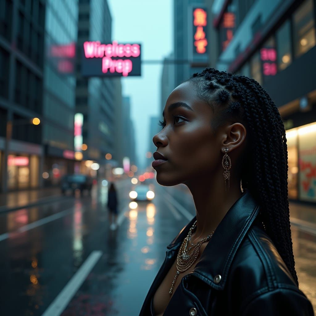 Dystopian Cityscape with Woman and Silhouette