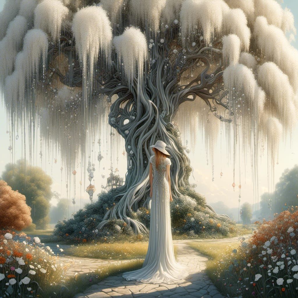 Woman and Weeping Willow in Abstract Surreal Style