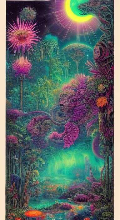 Psychedelic Jungle at Night in Vibrant Surrealism