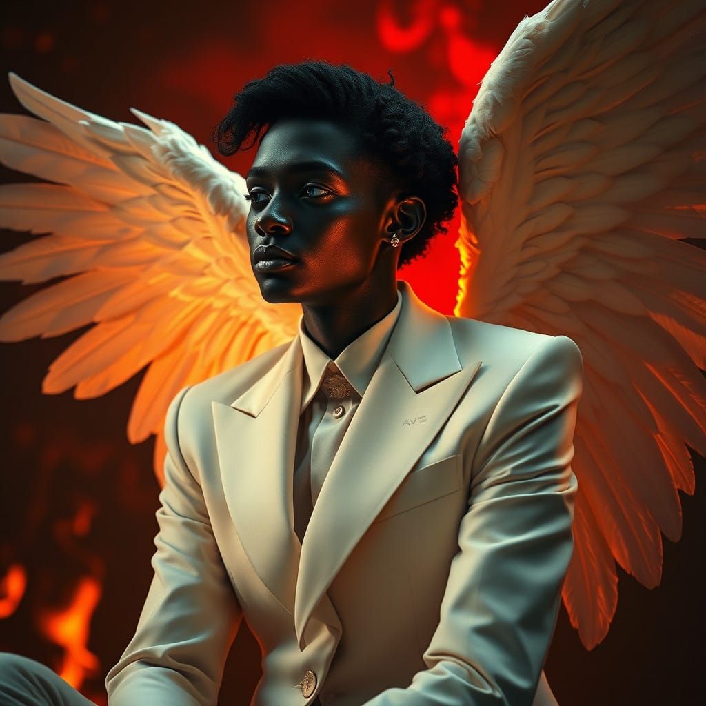 .A melancholic androgynous  angel sits serenely near the gat...