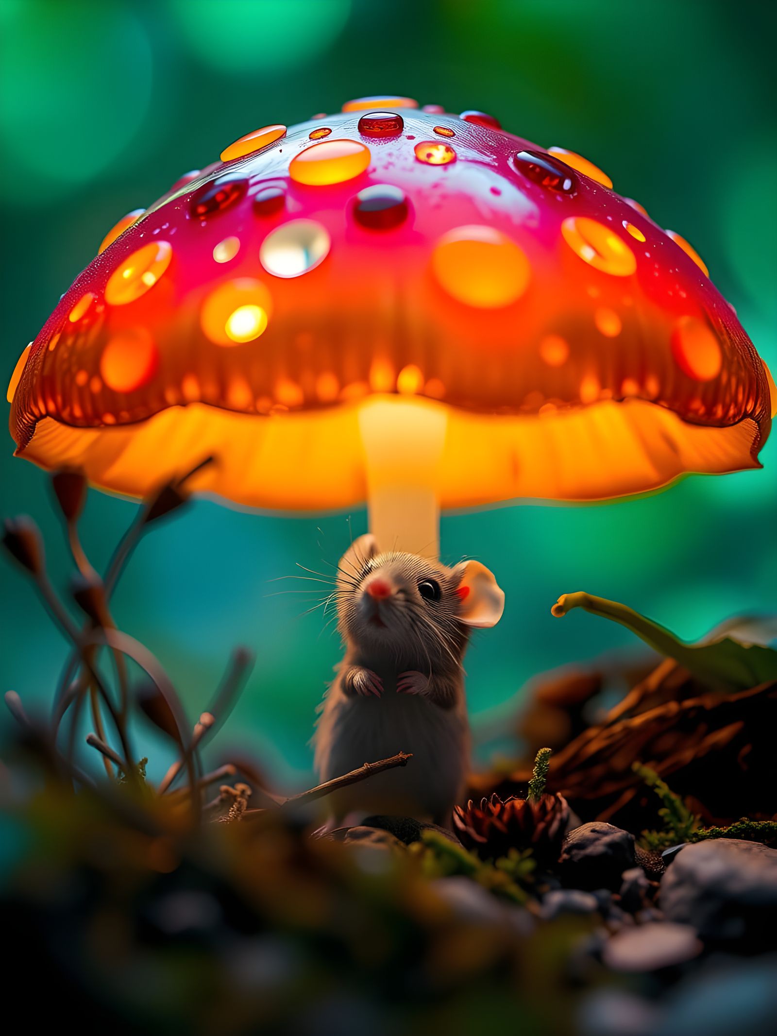 Whimsical Mouse Takes Shelter Under Vibrant Mushroom Canopy