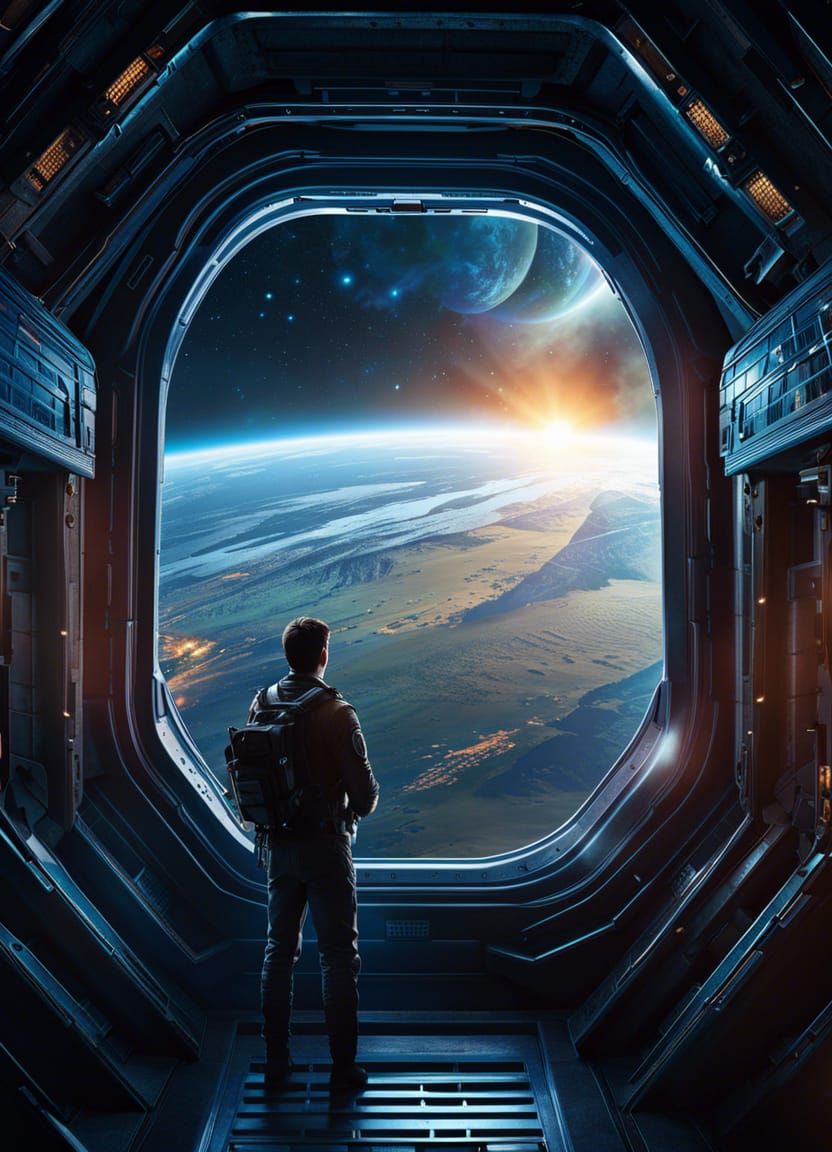 Man Observes Distant Planet: Sci-Fi Cover Art
