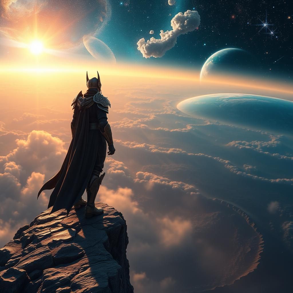 Celestial Armored Figure Gazing at Distant Galaxies