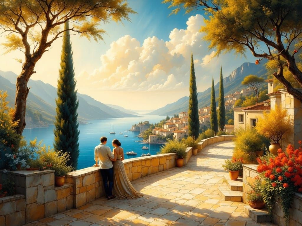 Honeymoon Couple on Mediterranean Coast at Golden Hour