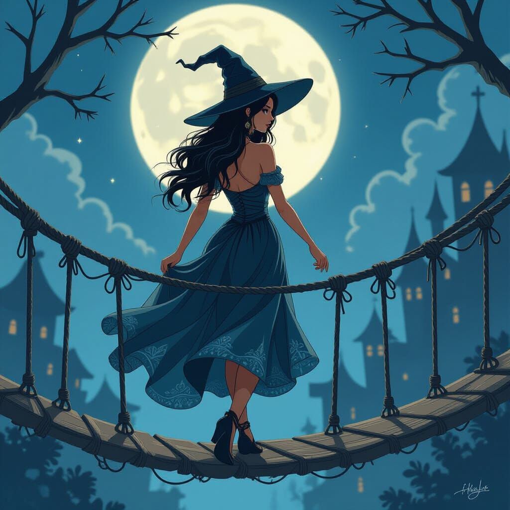 Witch on Spiderweb Bridge in Moonlight