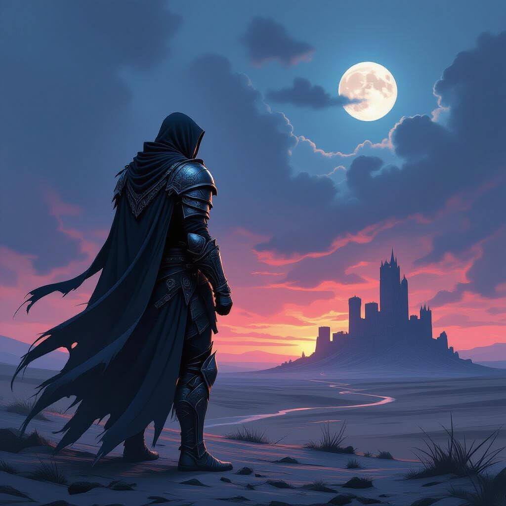 Dark Fantasy Warrior in Obsidian Armor on Desolate Plain