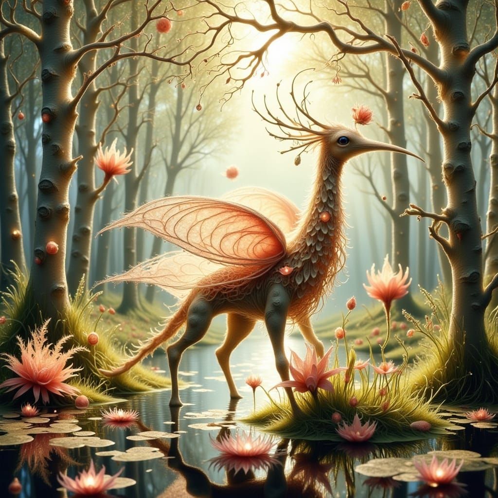 Serene Fairy Spirit Rides Hummingbird in Whimsical Birch For...