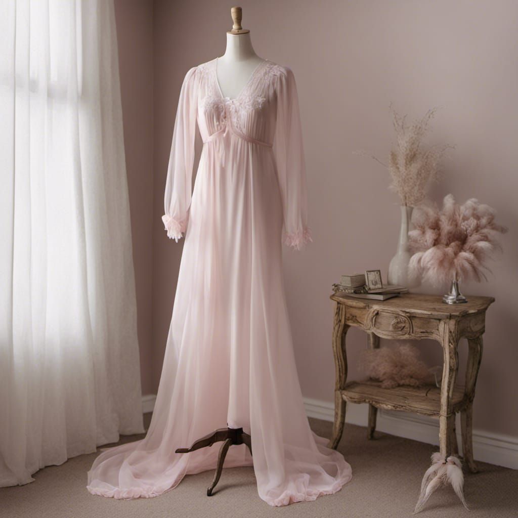 Pale Pink Nightgown with Peacock Feathers on Form