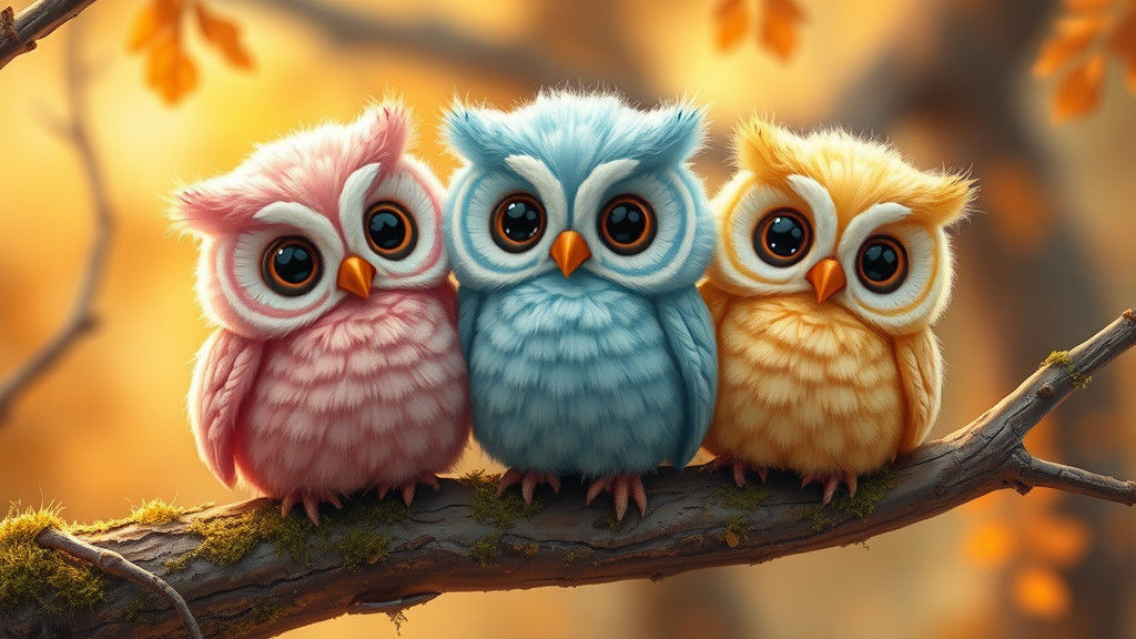 Pastel Owls on Branch in Dreamlike Oil Painting