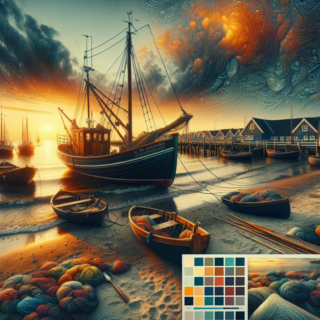 Fishing Boat Under Sunset on Denmark Beach in Fantasy Art