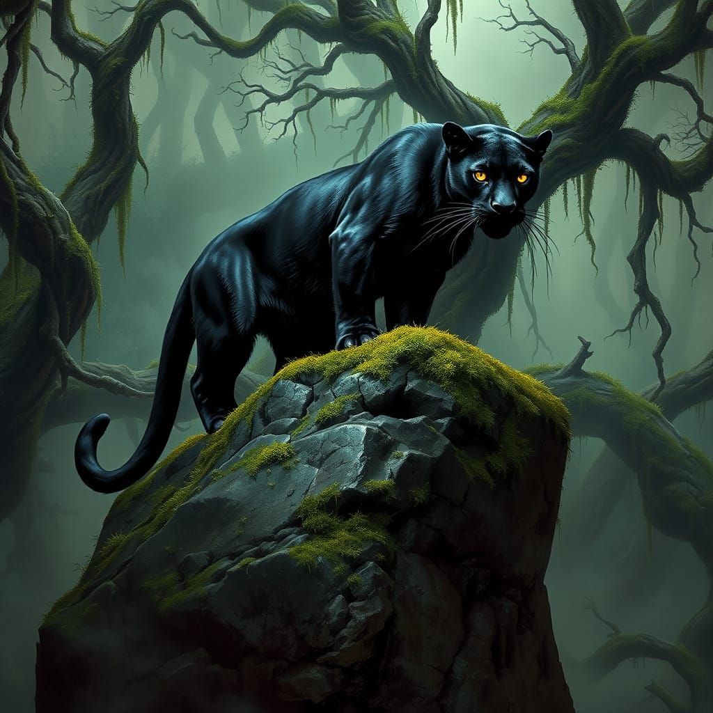 Dark Fantasy Panther Perched in Primordial Jungle