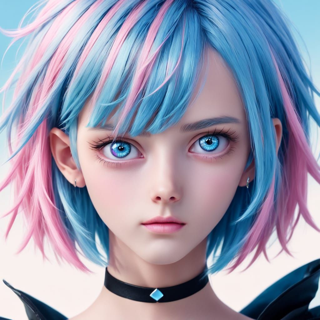 Agender Human Portrait with Blue Hime Haircut and Pink Eyes