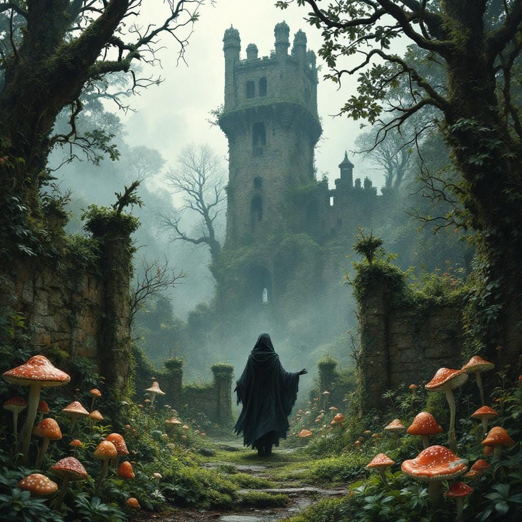 Sinister Overgrown Garden with Ruined Tower
