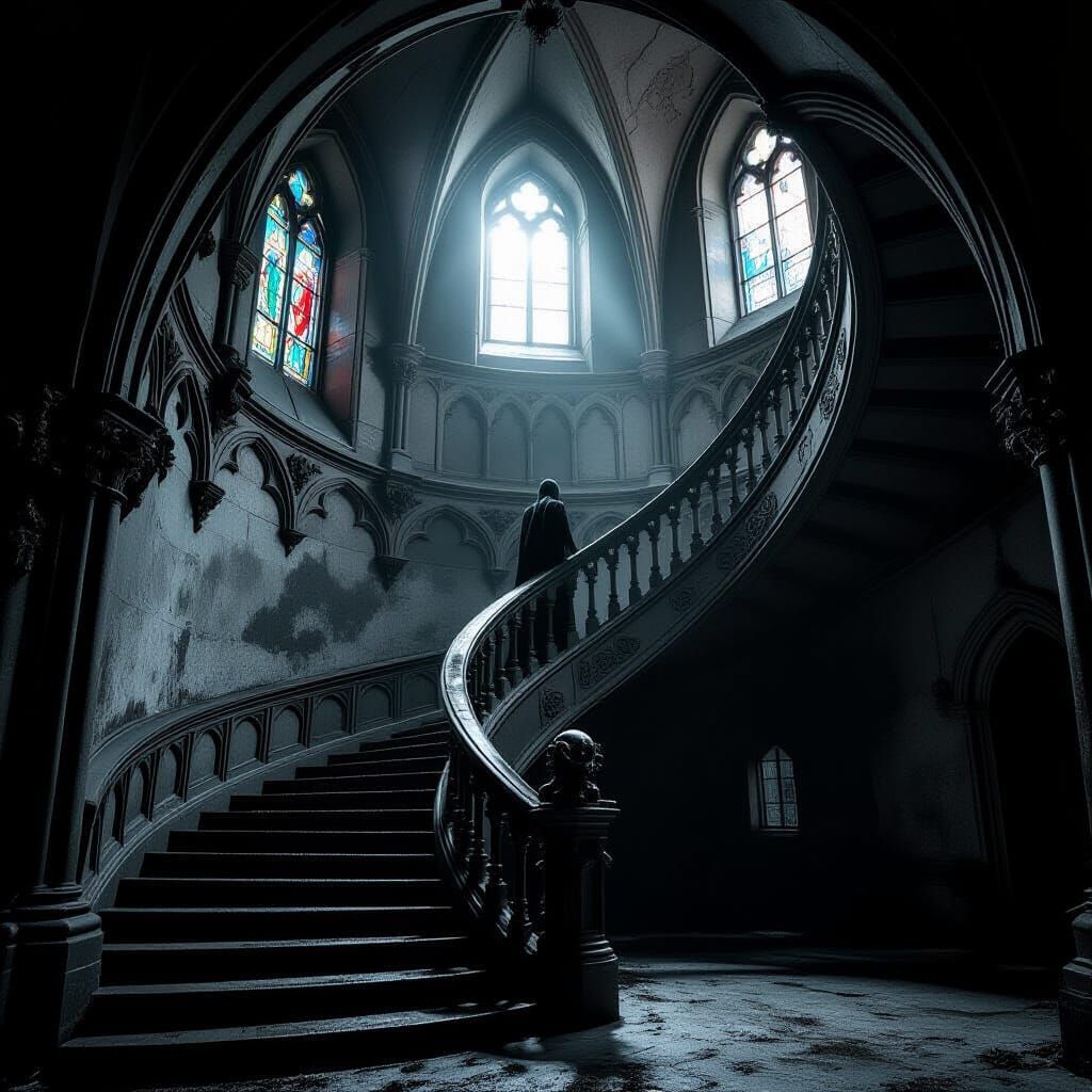 Gothic Spiral Staircase with Shadowy Figure