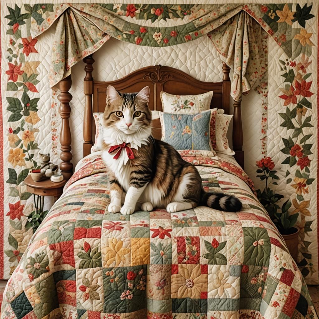 Quilted Cats on Fourposter Bed in Holly Hobby Style