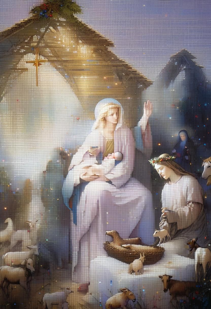 Nativity Scene with Mary, Joseph and Jesus in Stylized Art