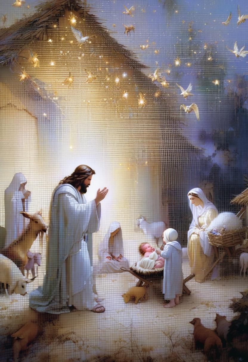 Nativity Scene with Mary and Joseph in Flowery Pastel Art