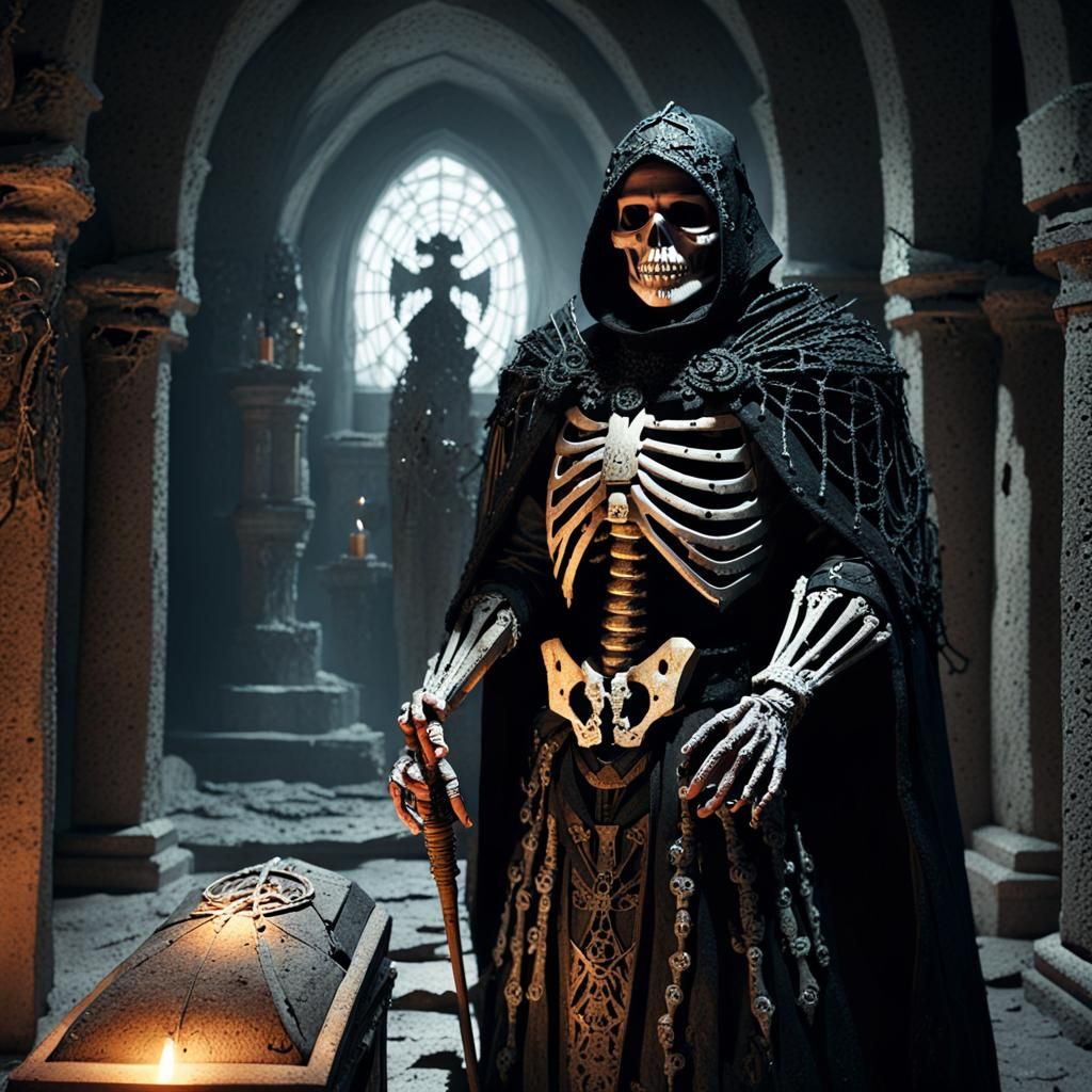 Skeleton Warrior in Crypt: Gothic Dark Fantasy Illustration