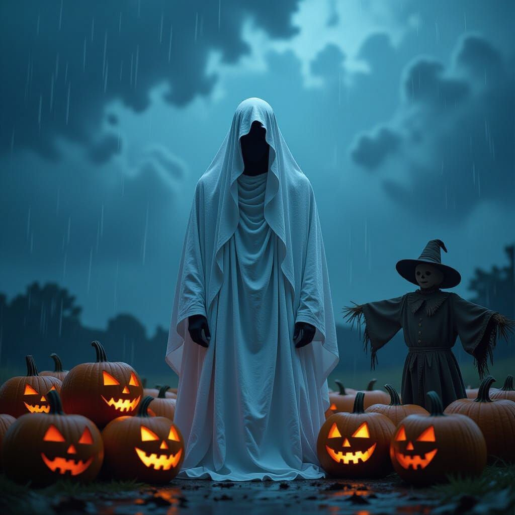 Mysterious Figure in White Sheet Among Pumpkins Under Stormy...