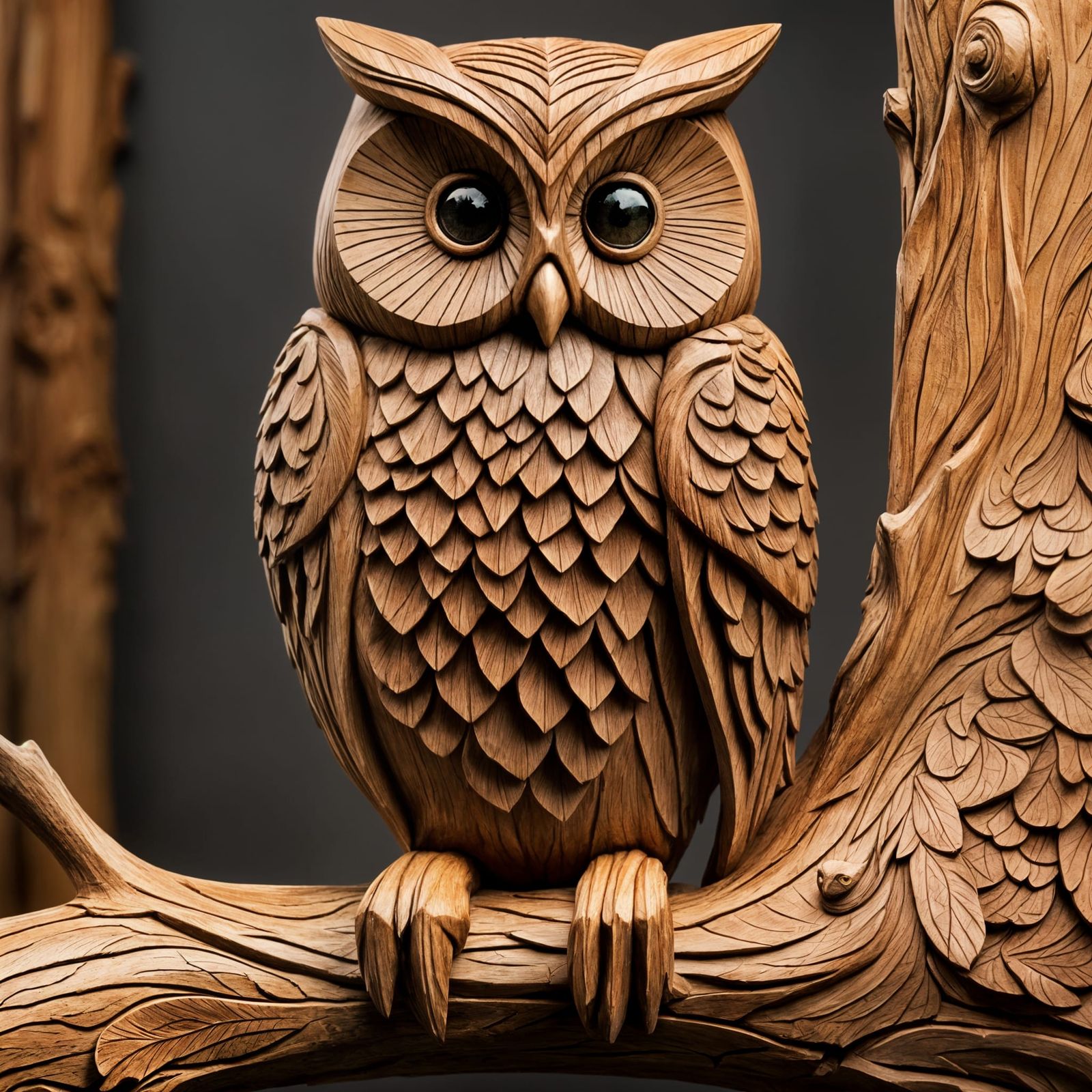 Detailed Wood Carving of a Wise Owl