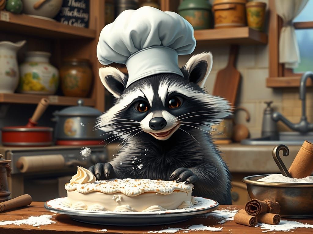 Raccoon Chef Baking Cake, Animated Still-Life