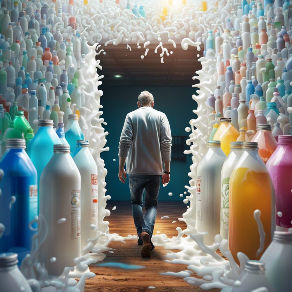 Man Walks Toward Bottle House: Hyperrealistic Splash Art