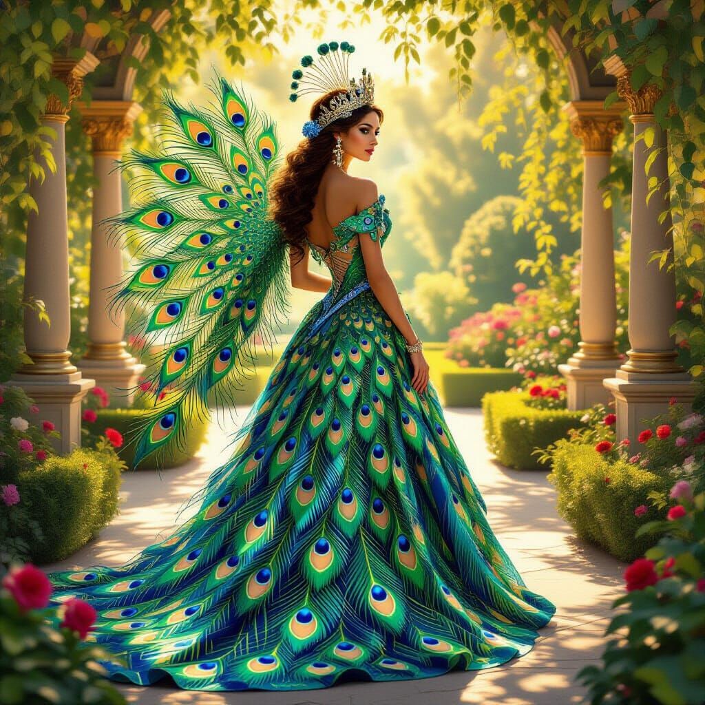 Regal Queen in Peacock Gown, Royal Garden Sunlight
