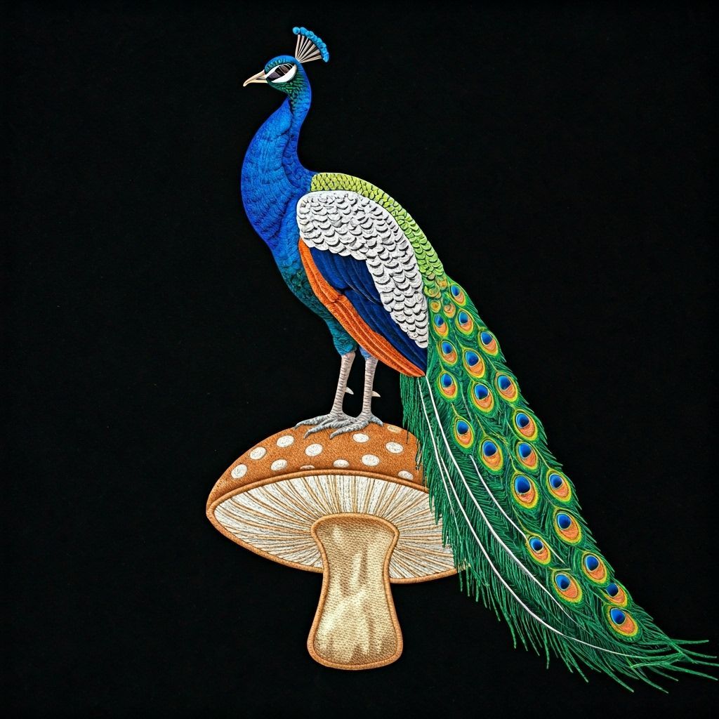 Embroidered Peacock on Metallic Toadstool, Seventies Style
