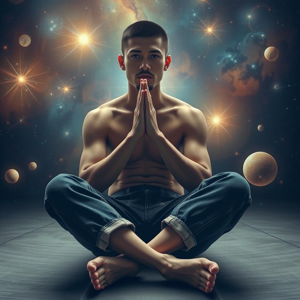 Majestic Chinese Man in Prayerful Pose Amidst Cosmic Darknes...