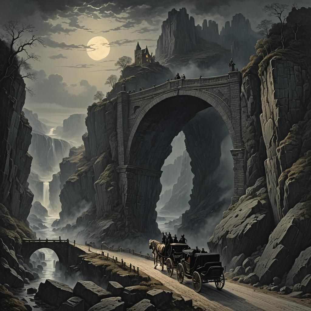 Moonlit Horse Carriage Crossing Misty Bridge