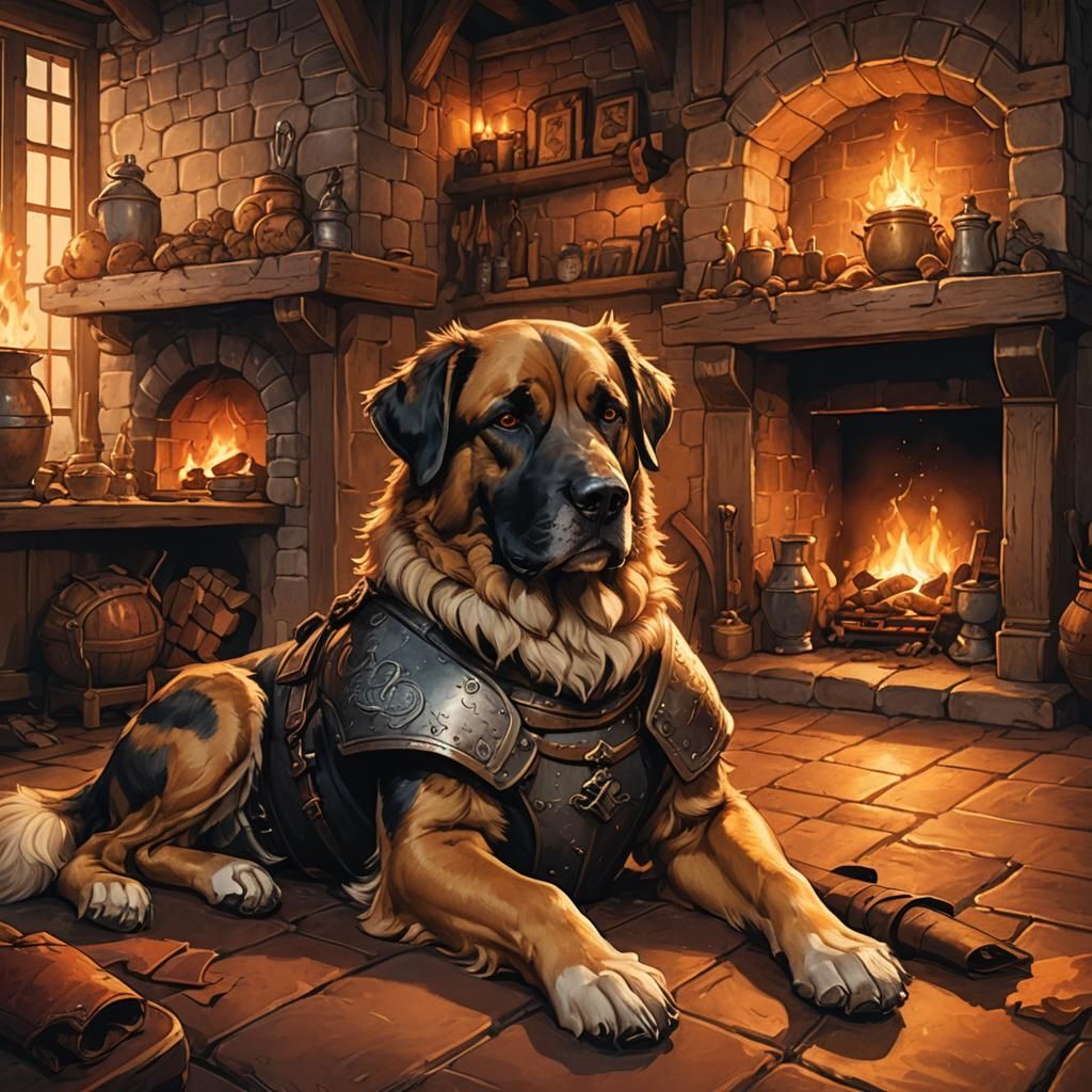 Dog in Armor at Fantasy Tavern Fireplace