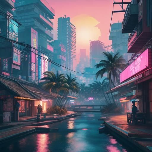 Hyperrealistic Cyberpunk Japanese City at Sunset