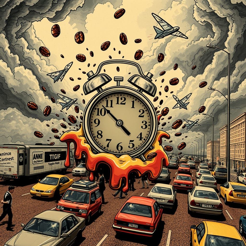 Dreamlike Monday Morning Chaos in Vibrant, Retro Futurism