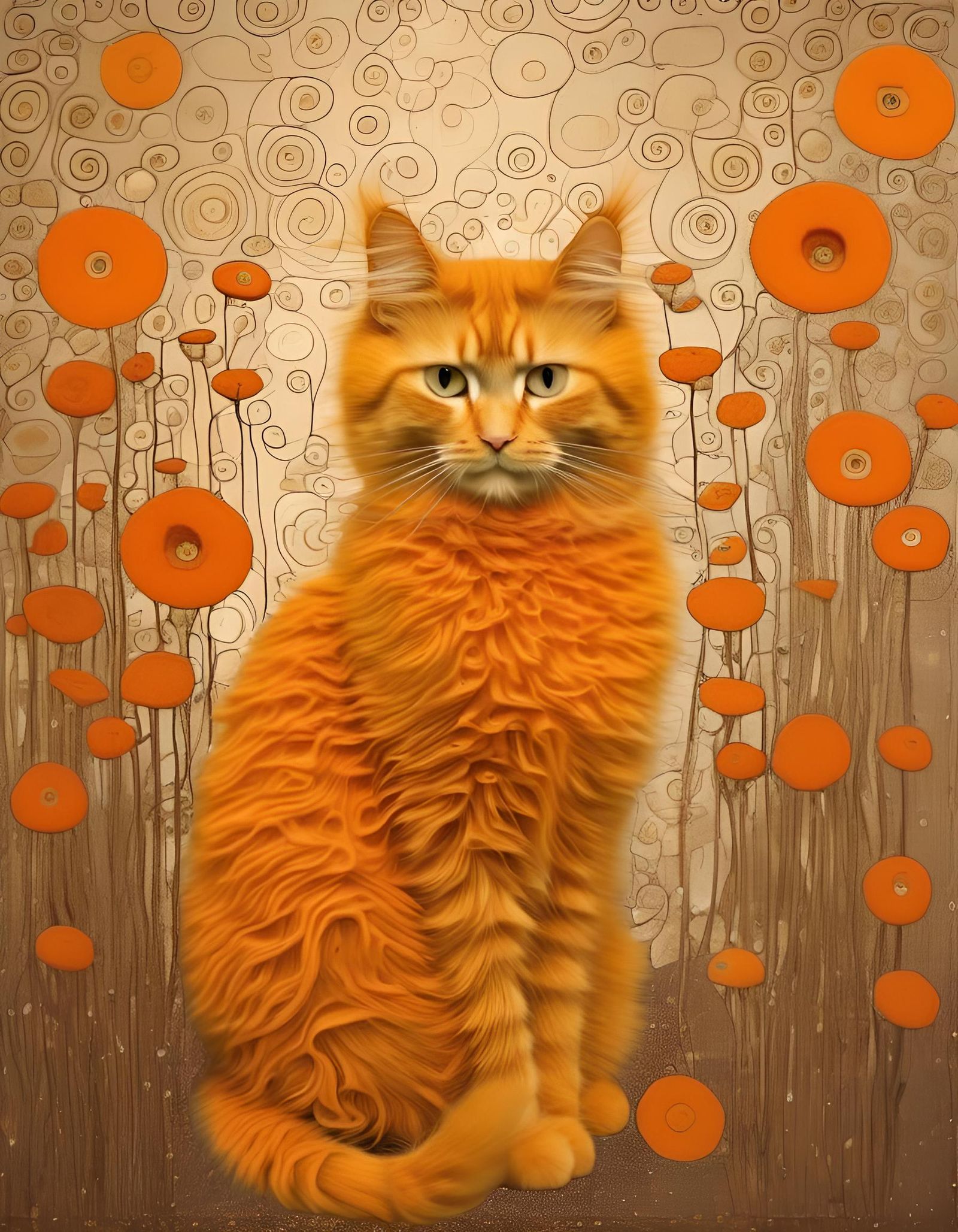 Sepia Cat in Disintegration with Art Nouveau Flowers