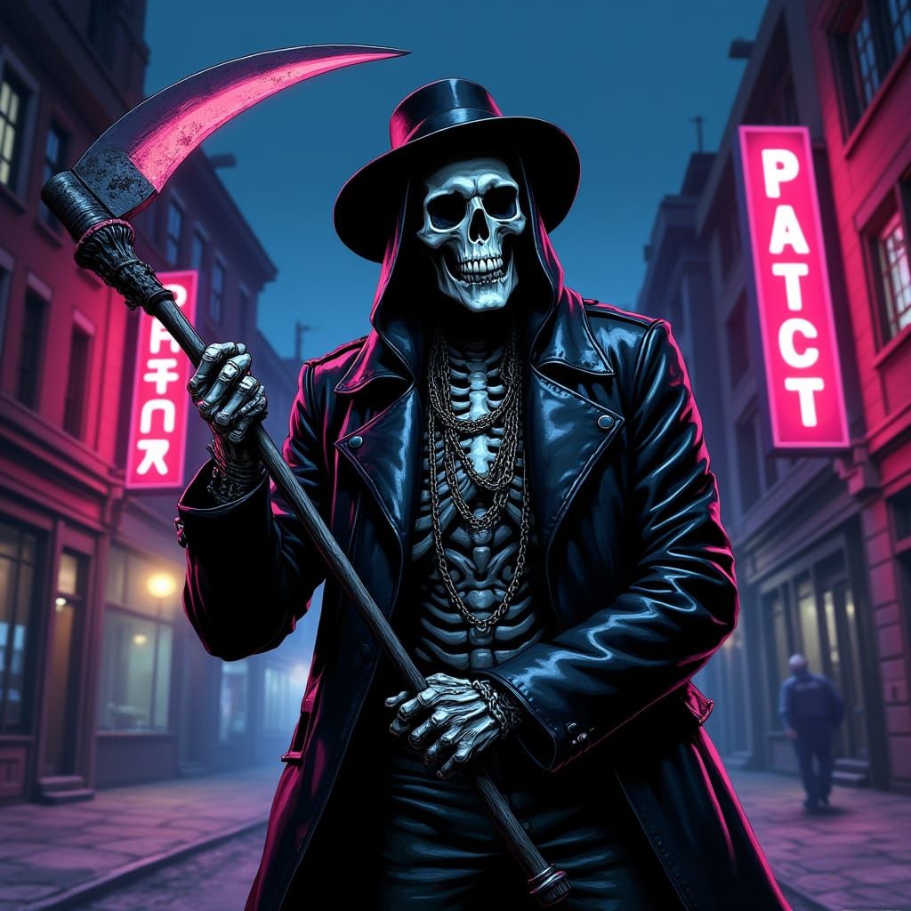 Skeletal Grim Reaper in Gangster Style on Urban Street