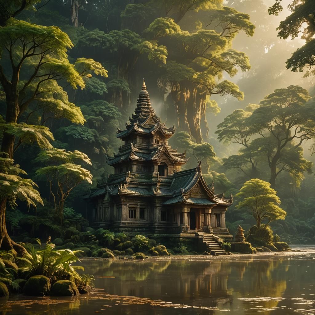 Ethereal Temple by River at Golden Hour