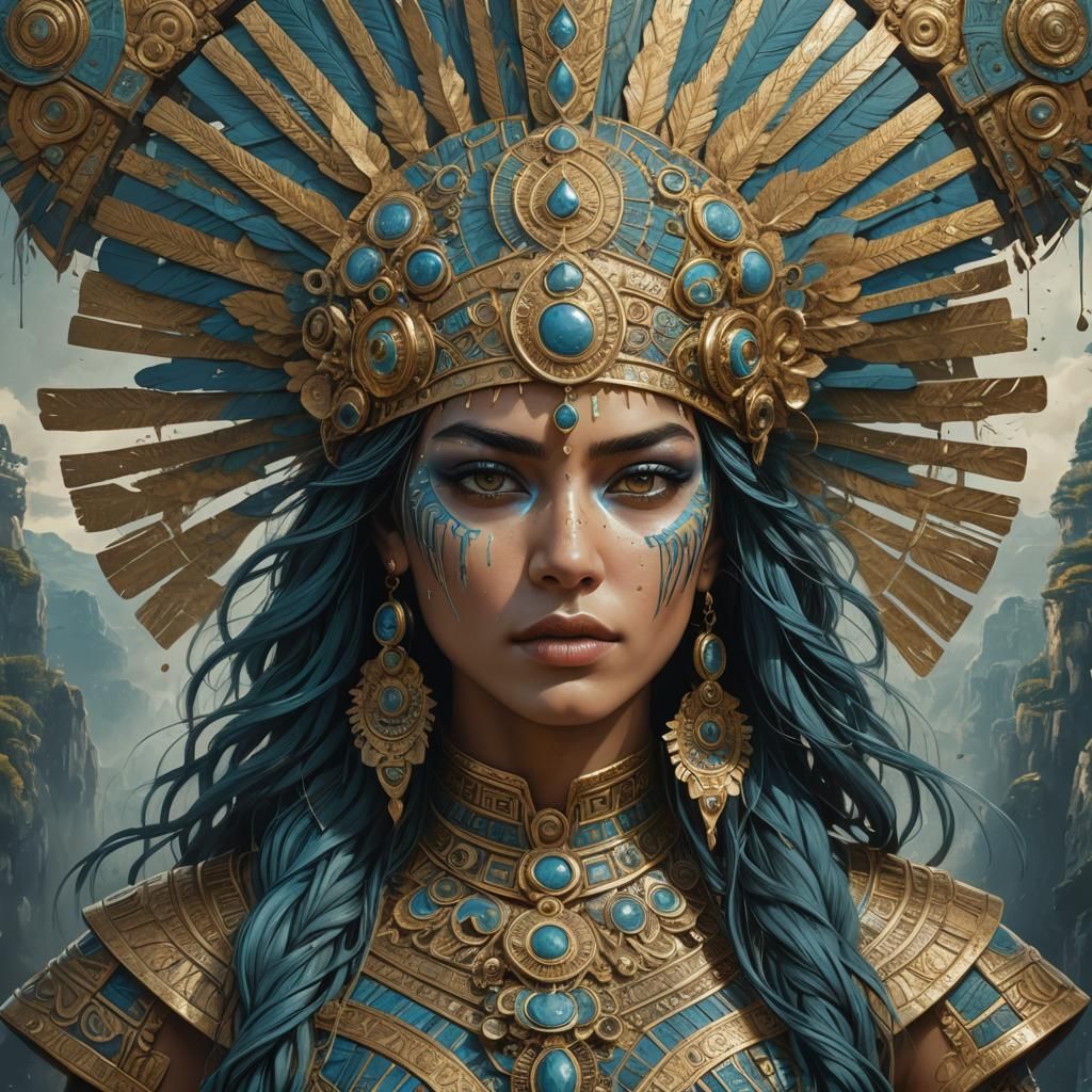 Aztec Woman with Golden Headdress, Detailed Digital Art