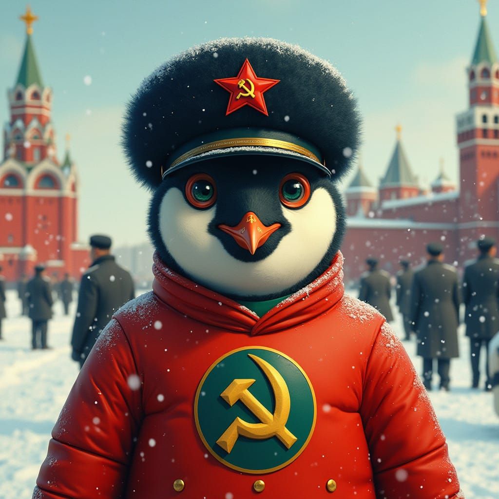 Majestic Emperor Penguin in Red Square, Inspired by Soviet-E...