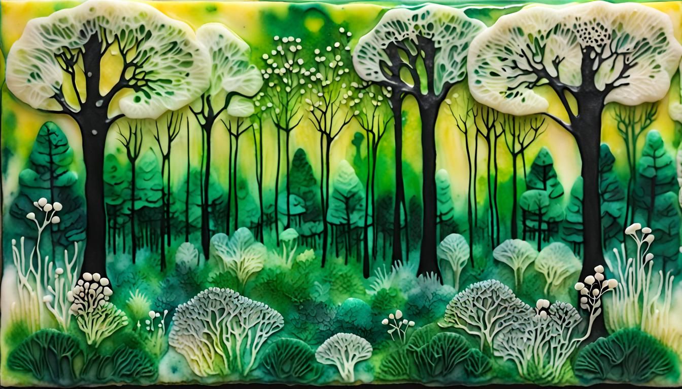 Encaustic Art: Graceful Greenery Grove with Mycelial Mesh
