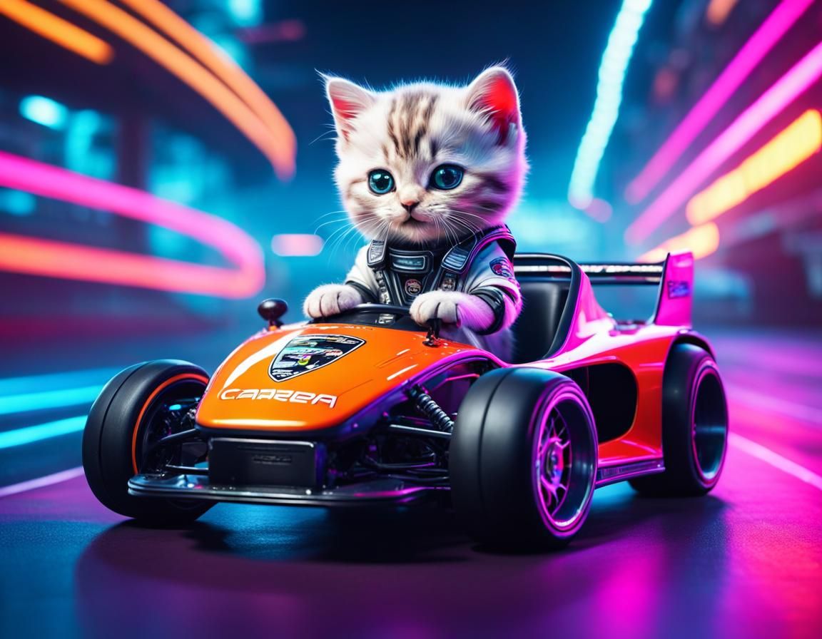 Kitten Engineer Drives Cyberpunk Porsche Carrera