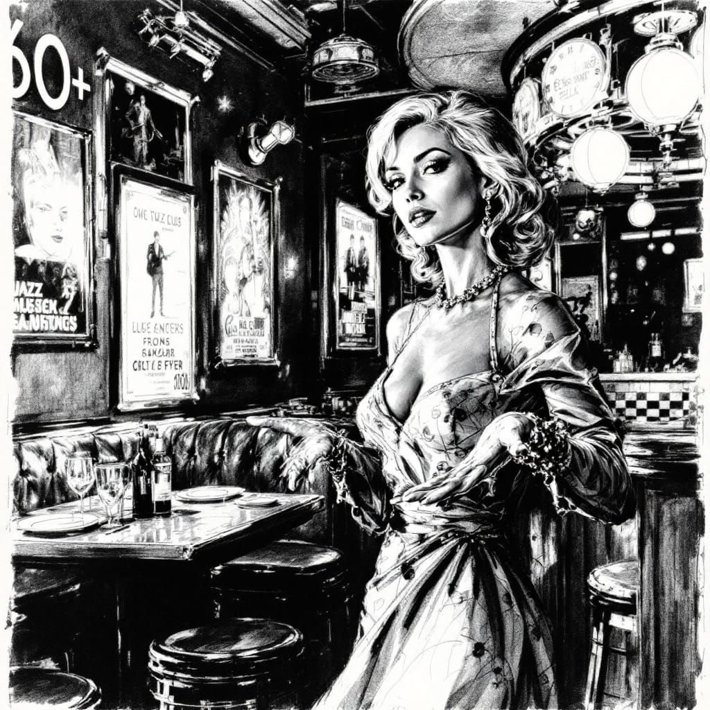 Elegant 60s Woman in Evening Gown, Jazz Club Atmosphere