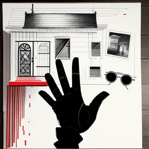A doll house and a front of a vertical striped black and white wall, wearing black jacket, red red sun glasses and a hor...