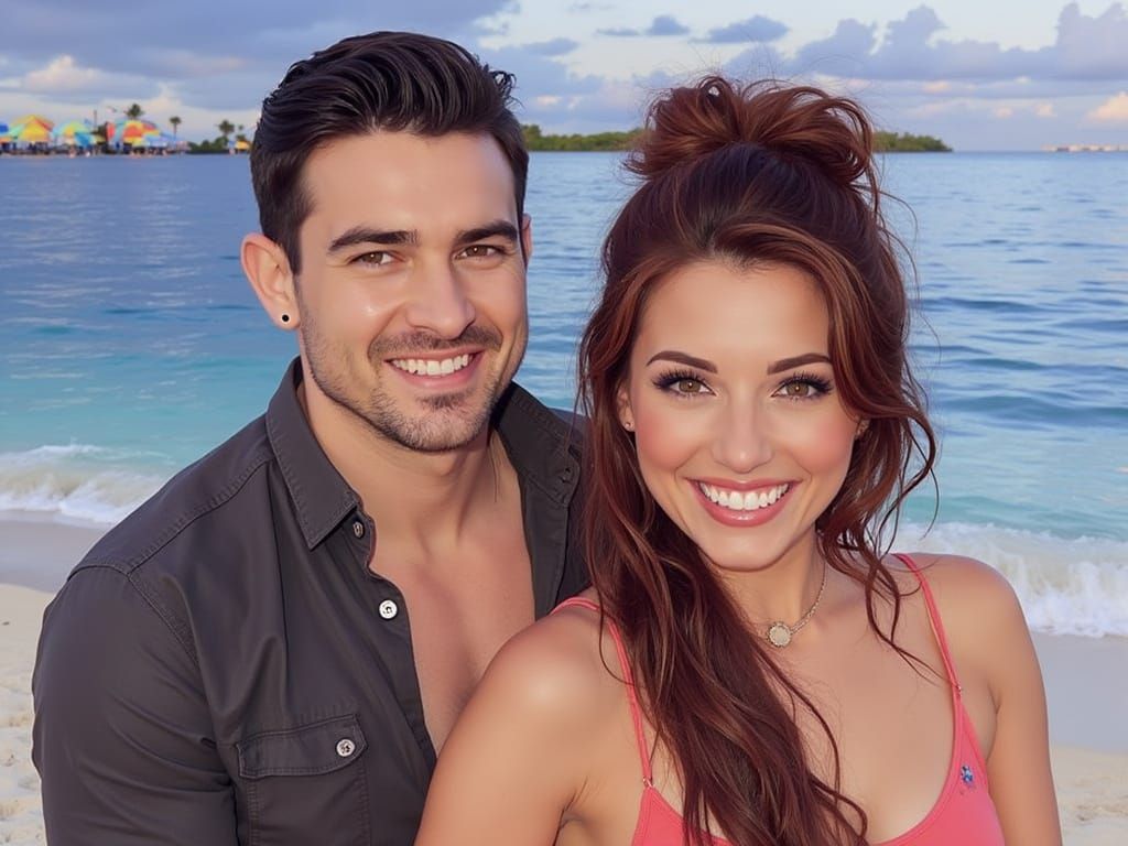Couple Embracing on Tropical Beach at Sunset
