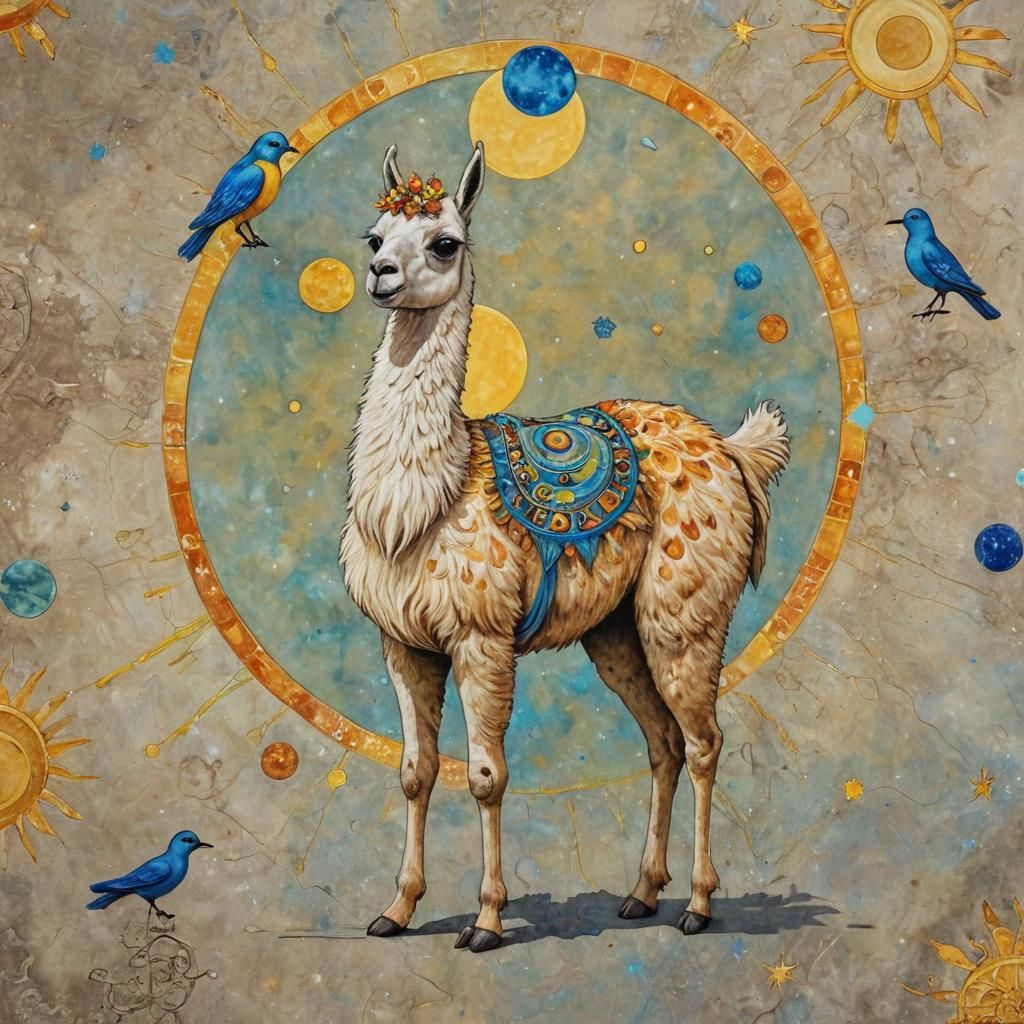 Magical Llama and Bird in Surreal Landscape