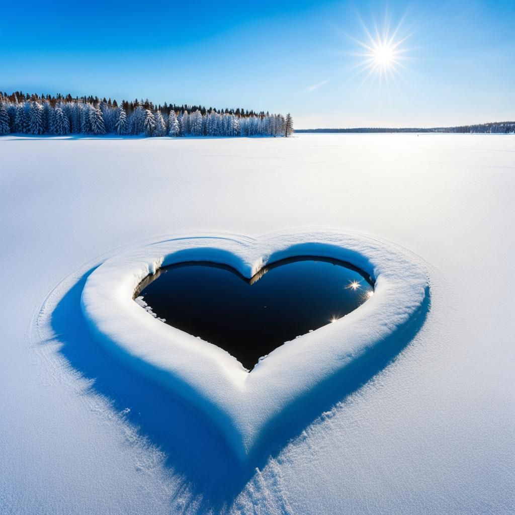 Heart-Shaped Hole in Frozen Lake on Sunny Winter Day