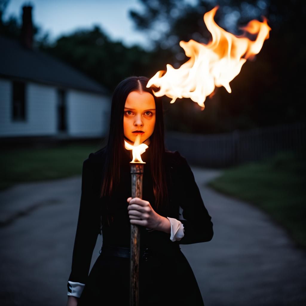 Wednesday Addams with Burning Torch at Night