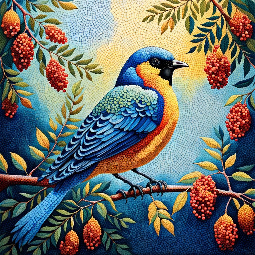 Colorful Bird on Rowan Branch in Pointillism Style