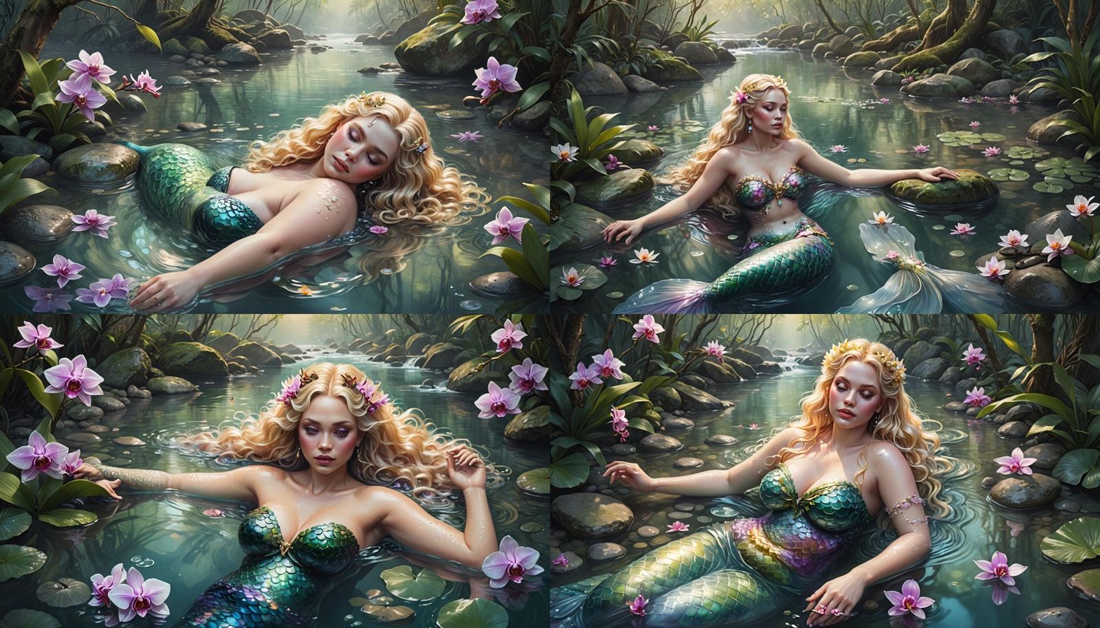 Blonde Naiad Bathes in Tropical Stream