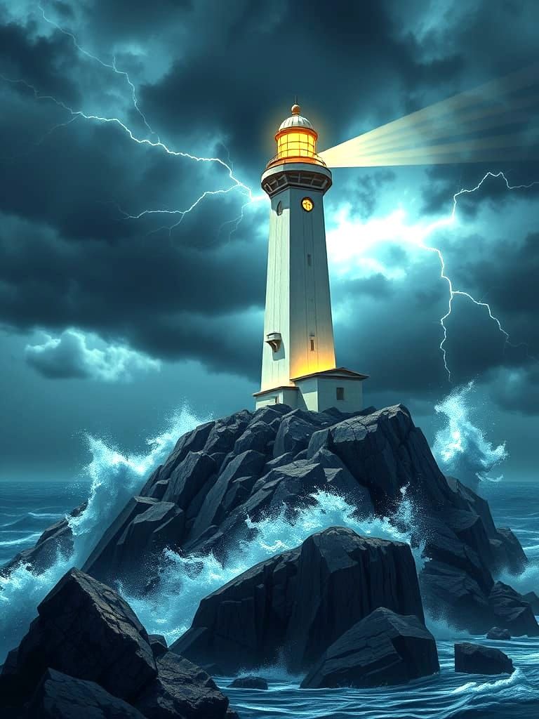 Art Deco Lighthouse in Storm, Fantasy Art
