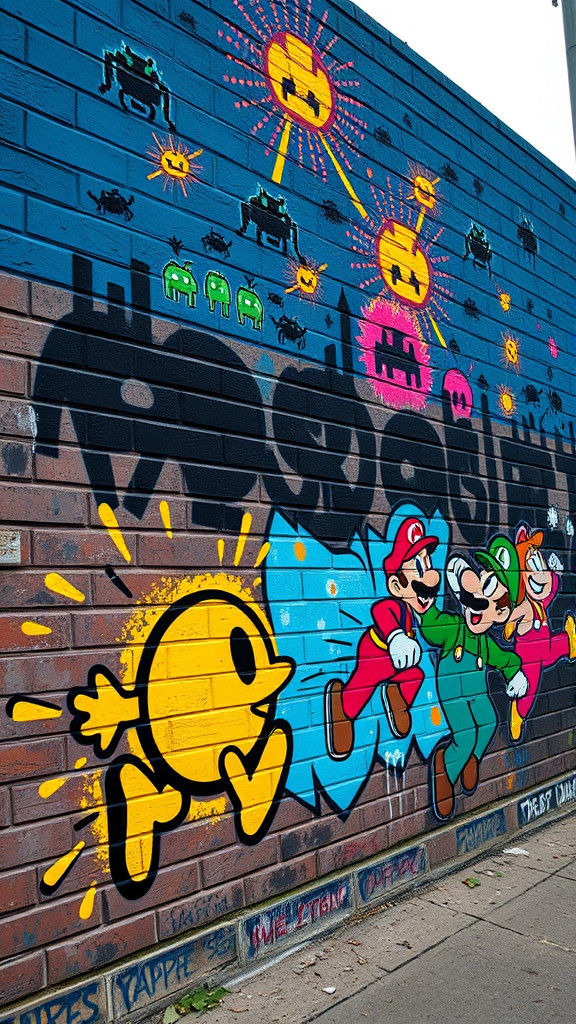A vibrant graffiti piece with a computer game theme on a large brick wall out side. Pacman chasing Mario and Luigi acro...
